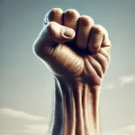 DALL·E 2024-07-15 20.06.45 – A photorealistic image of a fist raised in the air. The fist is strong and powerful, with clear details of the knuckles and veins. The background is a